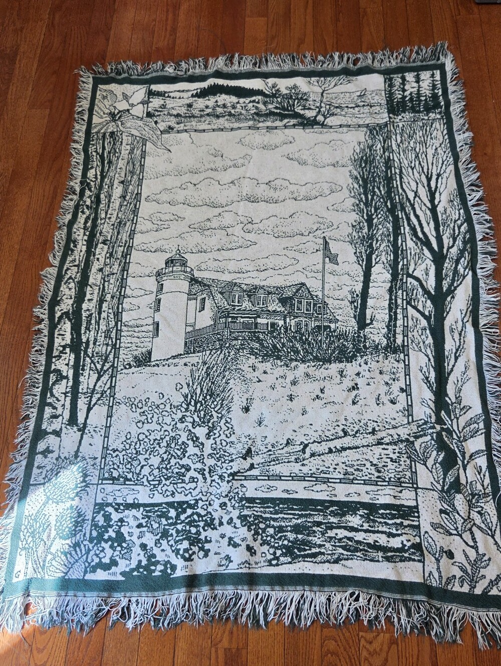 Jacquard Woven 100% Cotton Throw Blanket Fringed Lighthouse Rural Green White